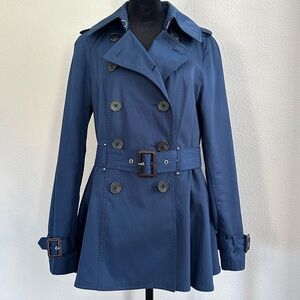 BCBG Generation Jacket Womens M Navy Blue Belted Trench Coat Double Breasted